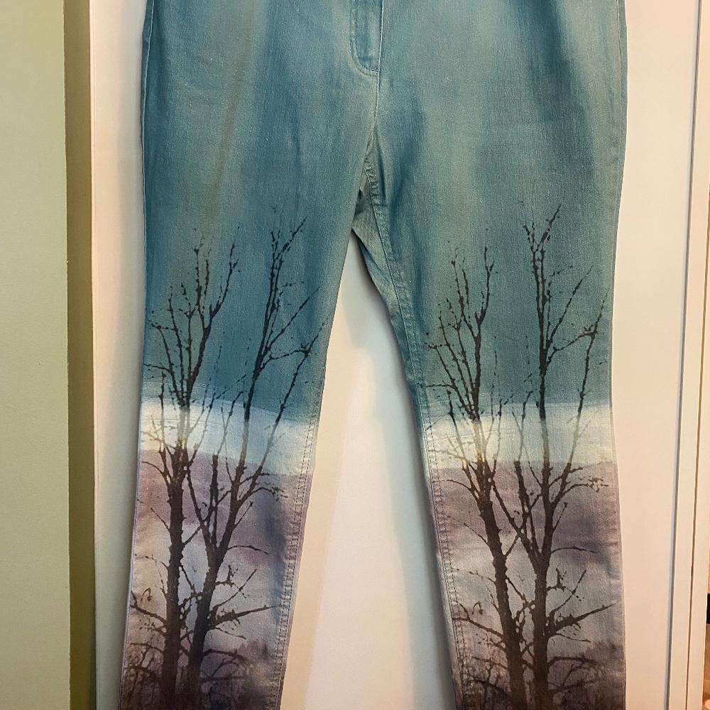 Straight Leg Women's Jeans in Teal with Scenic Print